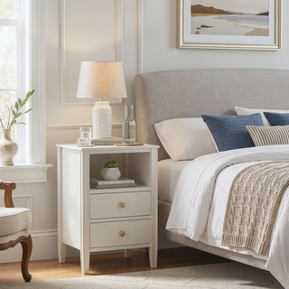 Sunvega Antique White Winston 2-Drawer Nightstand with Open Shelf and Fluted Legs