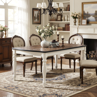 Sunvega French Country Dining Table with Weathered Oak Top and Antique Cream Legs