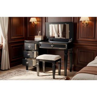 Sunvega Traditional Cherry Wood Vanity Set with Tufted Stool and Storage Drawers