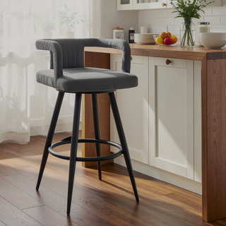 Sunvega Gray Faux Leather and Black Metal Swivel Bar Stool with Footrest