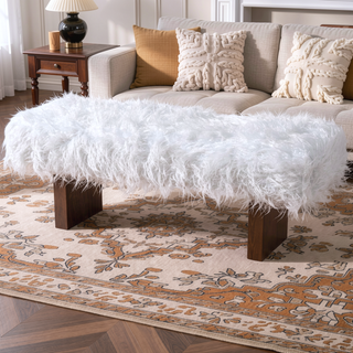 Sunvega White Khaki Fur Bench with Walnut Frame for Ottoman or Seating