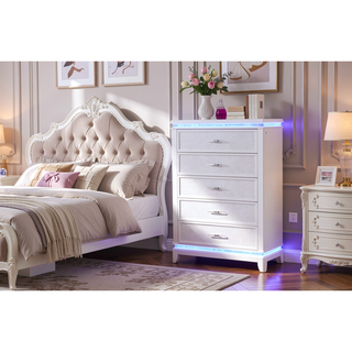 Sunvega White Modern 5-Drawer Wood Chest with Crystal Accents for Bedroom Storage