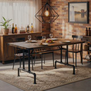 Sunvega Rectangular Oak Top Dining Table with Metal Frame for Modern Living Spaces