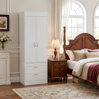 Sunvega White Armoire with Double Doors Two Drawers and Metal Handles