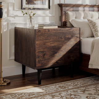 Sunvega Mid-Century Modern Navy Blue Nightstand with Ribbed Wood Grain Laminate