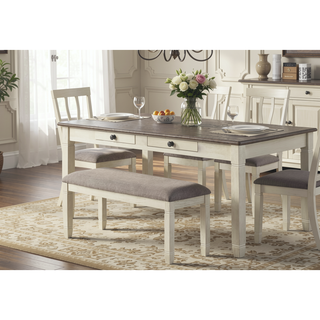 Sunvega Antique White Finish Wooden Bench with Gray Textured Fabric Upholstered Seat