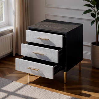 Sunvega Modern Nightstand with Patterned Drawer Fronts and Three Spacious Storage Drawers