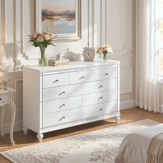 Sunvega Modern White Dresser with 9 Crystal Knob Drawers and Faux Alligator Fronts