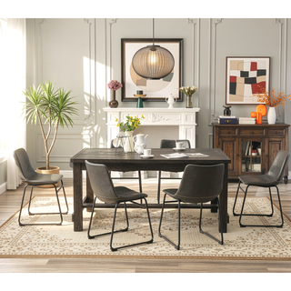 Sunvega Antique Black Finish Wood Dining Table with 6 Gray Faux Leather Chairs Set