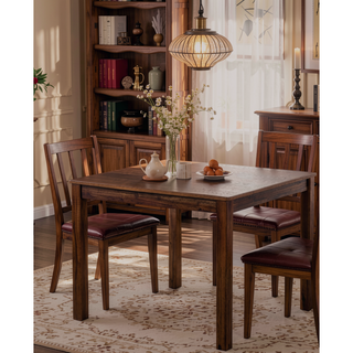 Sunvega Transitional Walnut Finish Dining Table Set with Four Slat Back Chairs