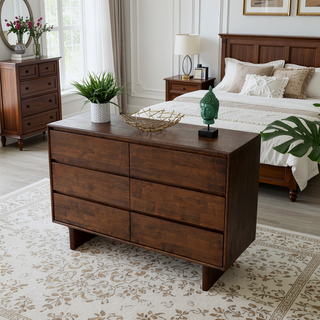 Sunvega Mid Century Modern Walnut Brown Dresser With Six Spacious Drawers