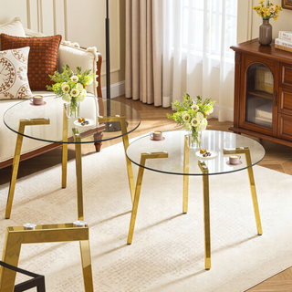 Sunvega Modern Minimalist Circular Transparent Tempered Glass Table with Golden Metal Legs
