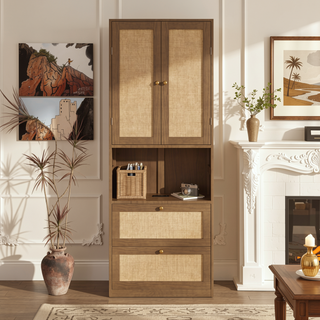 Sunvega Walnut Side Cabinet with Rattan Doors USB Port and 3 Drawers Storage Shelves