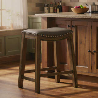 Sunvega Brown Solid Wood Frame Counter Height Stool with Gray Faux Leather Saddle Seat