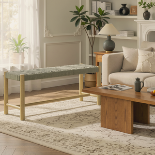 Sunvega Acacia Wood Bench with Woven Rope Seat for Outdoor and Indoor