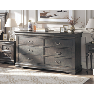 Sunvega Dark Gray Dresser with Six Spacious Drawers and Brushed Nickel Handles