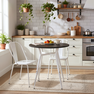 Sunvega Clara Industrial Round Dinette Table with Vintage White Metal and Espresso Wood Top