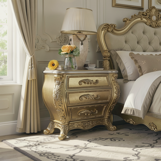 Sunvega Gold 3-Drawer Nightstand with Felt-Lined Interior and Safety Stop Mechanism