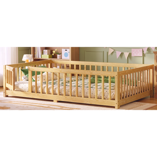 Sunvega Twin Size Floor Bed with Safety Guardrails and Door for Kids in Natural