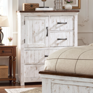 Sunvega Modern Transitional Chest with Metal Drawer Handles in Distressed White and Walnut Finish