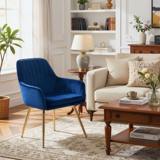 Sunvega Blue Velvet Mid-Back Dining Chairs with Gold Plated Legs for Living Room