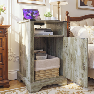 Sunvega White Oak Farmhouse Nightstand with Charging Station and Ample Storage