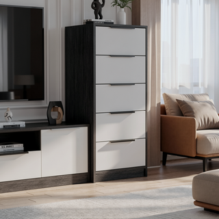 Sunvega 42" High Modern Five Drawer Vertical Dresser in White and Smokey Oak