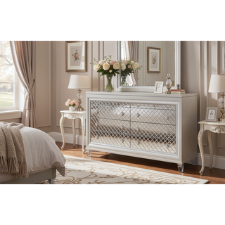 Sunvega Cross Glam Champagne Dresser with Mirror Accents and Spacious Drawers