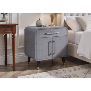 Sunvega PU Wrapped Nightstand with Storage Drawer and Cabinet on Wooden Legs