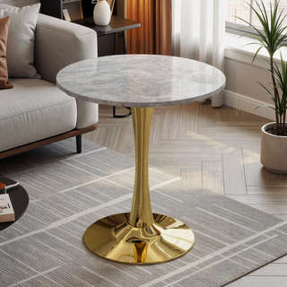 Sunvega Round White Pedestal Side Table with Marble Effect Top for Living Room