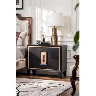 Sunvega Contemporary Espresso Nightstand with Gold Accent Trim and Felt-Lined Drawers