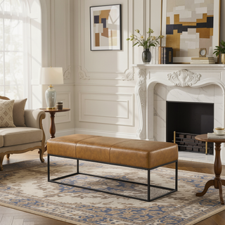 Sunvega Teak Wood Leather Bench with Metal Base and Padded Seat