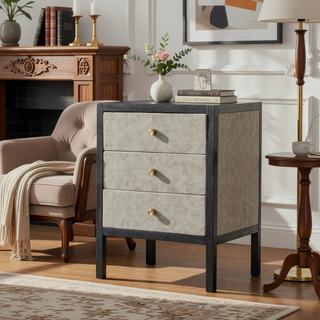 Sunvega Modern Ash Black Faux Leather Nightstand with Three Shiny Knobs