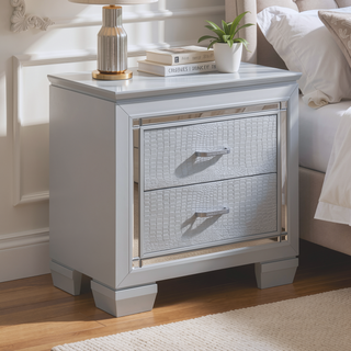 Sunvega Silver Faux Alligator Embossed Nightstand with 2 Dovetail Drawers and LED Lighting