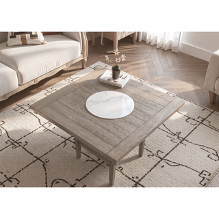 Sunvega Contemporary Farmhouse Square Dining Table with Faux Marble Lazy Susan