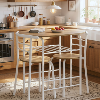 Sunvega Natural Laminate Dining Table Set with White Metal Chairs for Space Saving