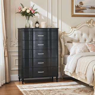 Sunvega Glam Modern Black Nightstand with Curved Front Panels and Turned Wood Leg