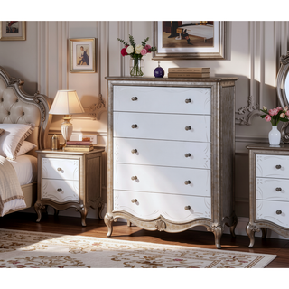 Sunvega Antique Champagne Chest with Five Mirrored Drawers and Crystal Knobs