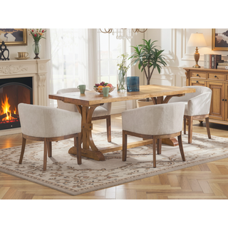 Sunvega Mid Century Modern Upholstered Barrel Dining Chair with Arms and Natural Hardwood Frame