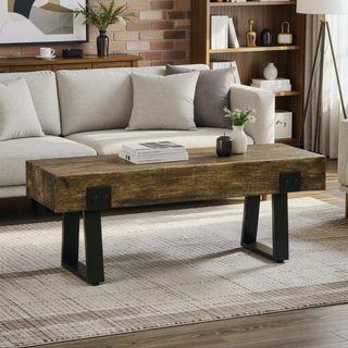 Sunvega Rustic Wood Effect Concrete Garden Bench with Metal Legs for Patio and Indoor Use