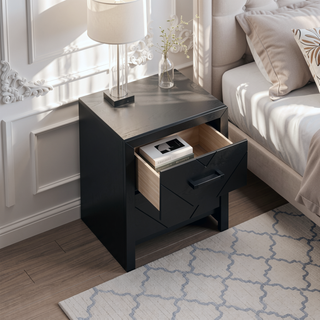 Sunvega Fully Assembled Nightstand with V Shape Embossing and Black Handles