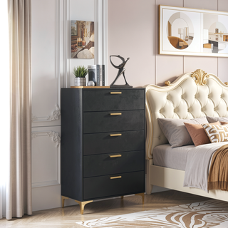 Sunvega Black and Gold 5-Drawer Rectangular Chest with Glamorous Bracket Legs