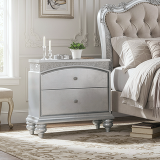 Sunvega Platinum Finish Glam Nightstand with 2 Drawers and Sparkling Rhinestones Inlay
