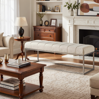 Sunvega Beige Tufted Upholstered Bench with Plush Cushioned Seat and Champagne Metal Legs