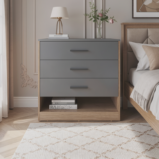 Sunvega 27" High Three Drawer Dresser And Open Shelf In Gray Oak