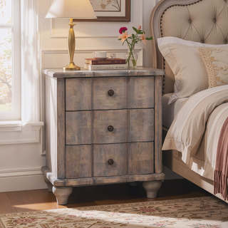 Sunvega Solid Wood Acid Wash Finish Grey 3-Drawer Curved Nightstand with Antique Brass Knobs