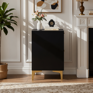 Sunvega Black and Gold 2-Drawer Nightstand with Spacious Storage and Metallic Accents