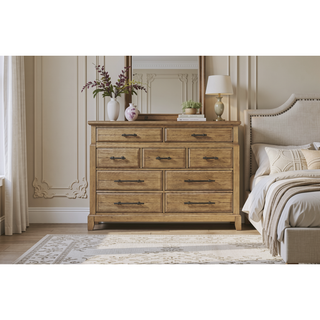 Sunvega Caramel Finish 9-Drawer Dresser with Elm Veneers and Black Metal Pulls