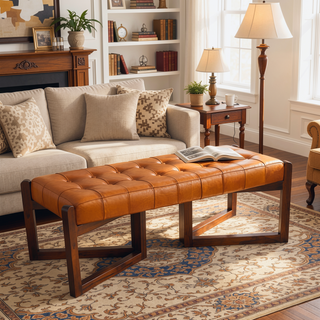 Sunvega Mid-Century Riley Tan Leather Bench with Solid Wood Frame and Tapered Legs