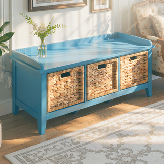 Sunvega Beige and Teal Storage Bench with Three Spacious Rattan Drawer Baskets